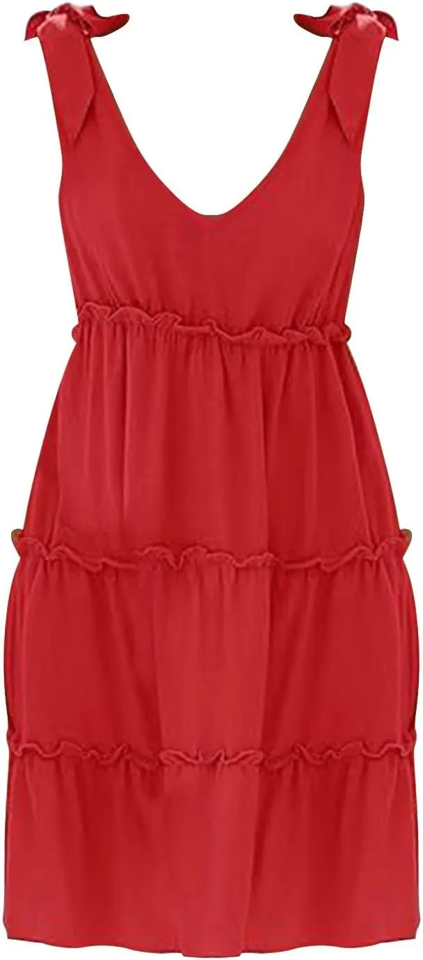 Womens Summer Casual Dress 2024 Tie Shoulder Tiered Sleeveless Mini Dress Ruffle V Neck A Line Swing Short