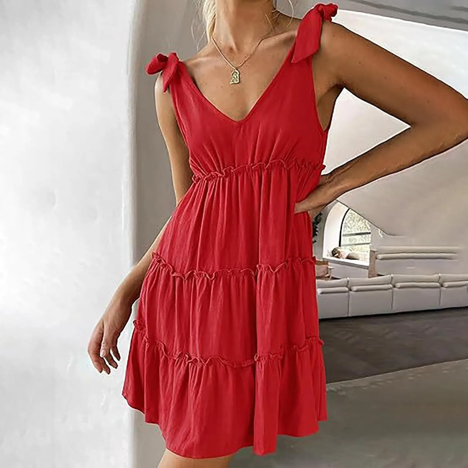 Womens Summer Casual Dress 2024 Tie Shoulder Tiered Sleeveless Mini Dress Ruffle V Neck A Line Swing Short