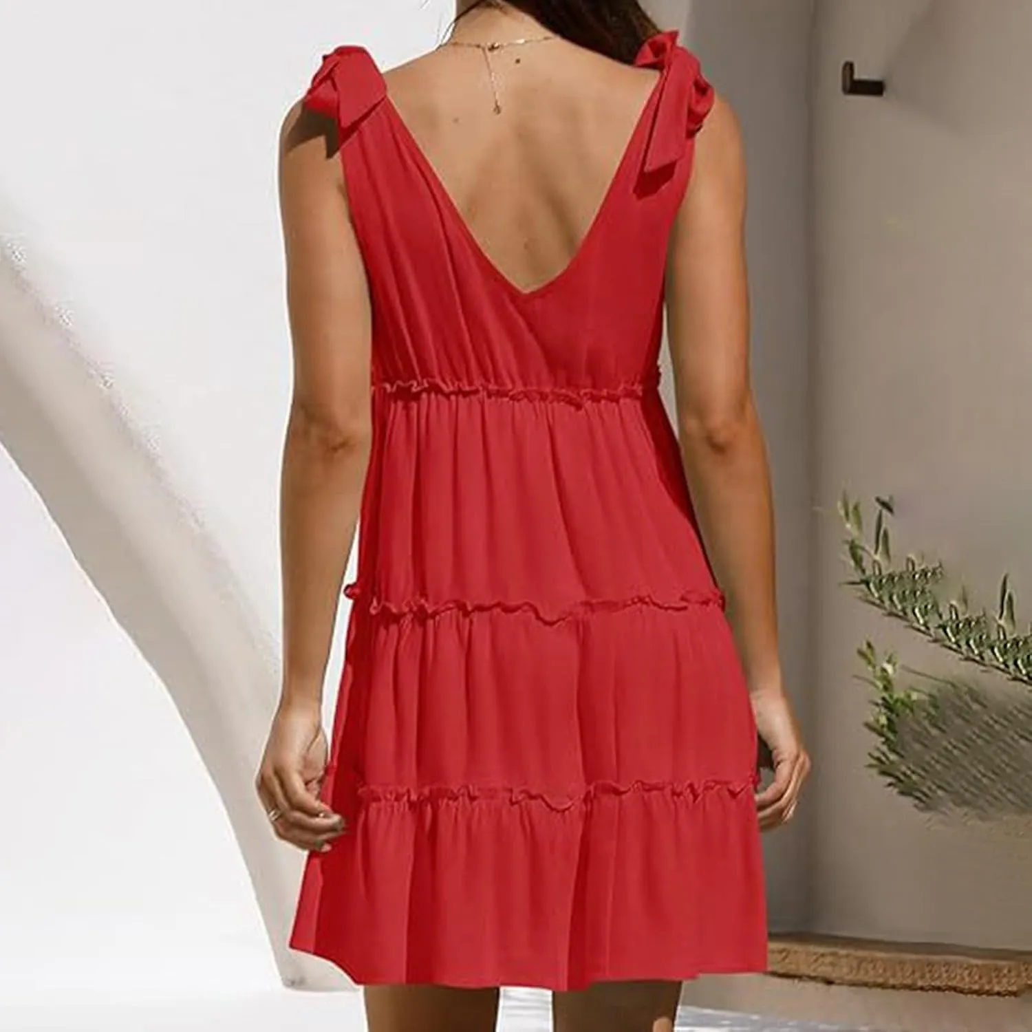 Womens Summer Casual Dress 2024 Tie Shoulder Tiered Sleeveless Mini Dress Ruffle V Neck A Line Swing Short