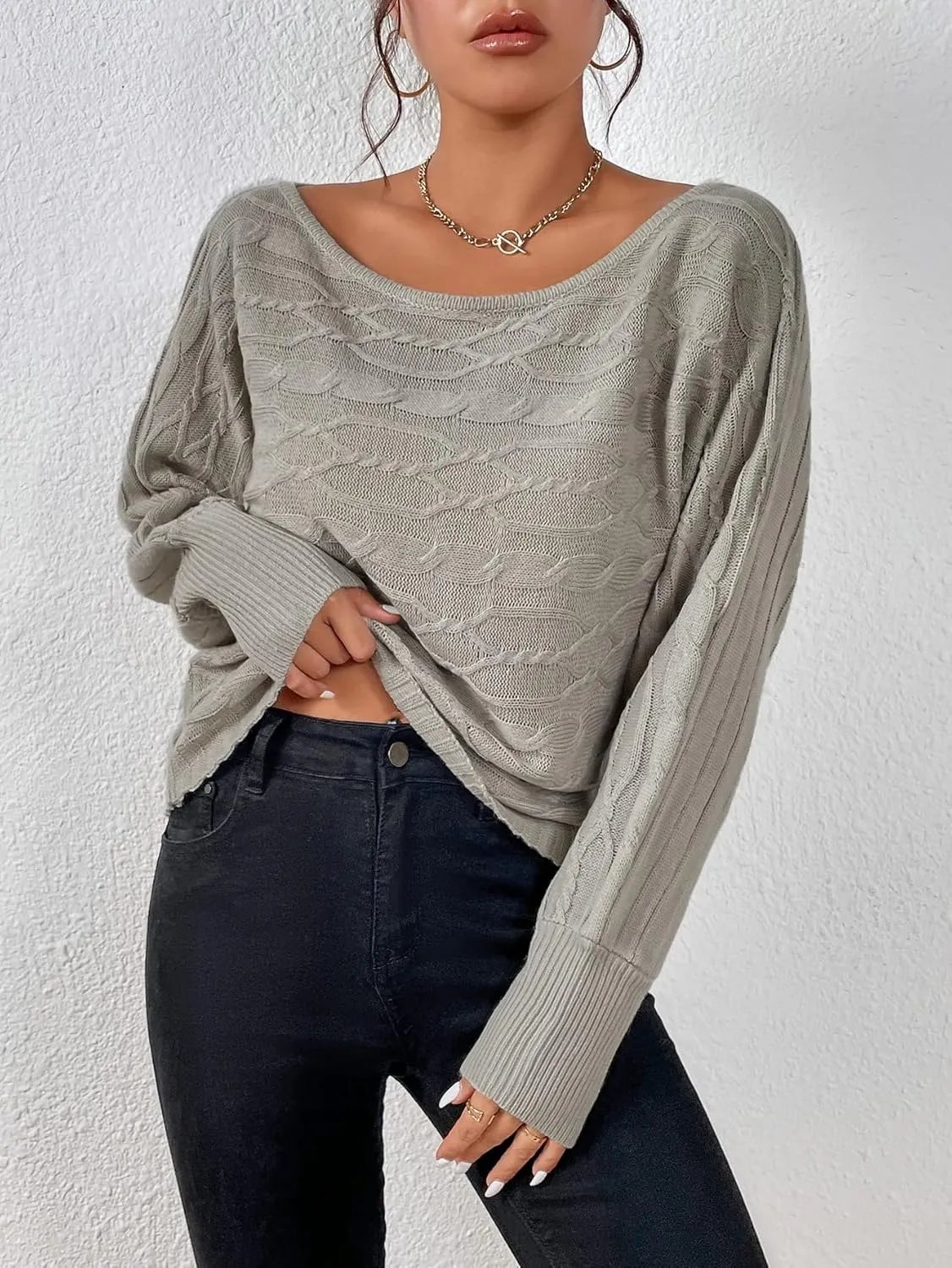 Women's Sweater Dolman Sleeve Boat Neck Cable Knit Sweater Sweater for Women (Color : Gray, Size : Medium)