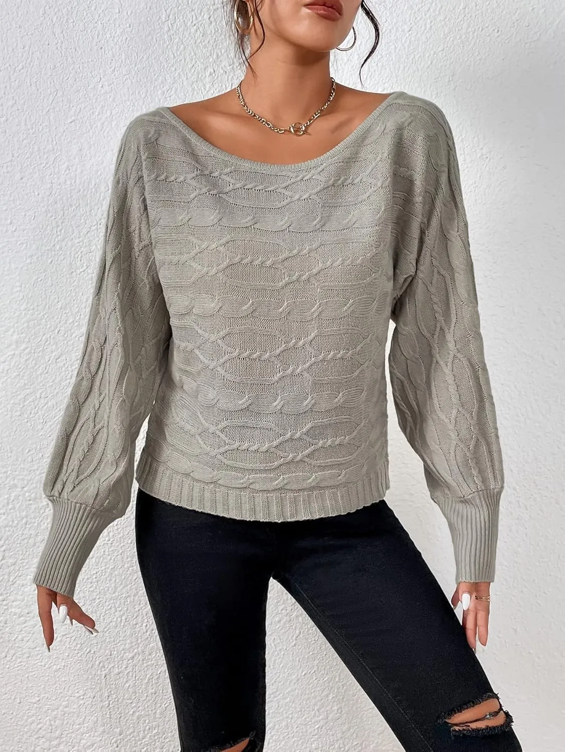 Women's Sweater Dolman Sleeve Boat Neck Cable Knit Sweater Sweater for Women (Color : Gray, Size : Medium)