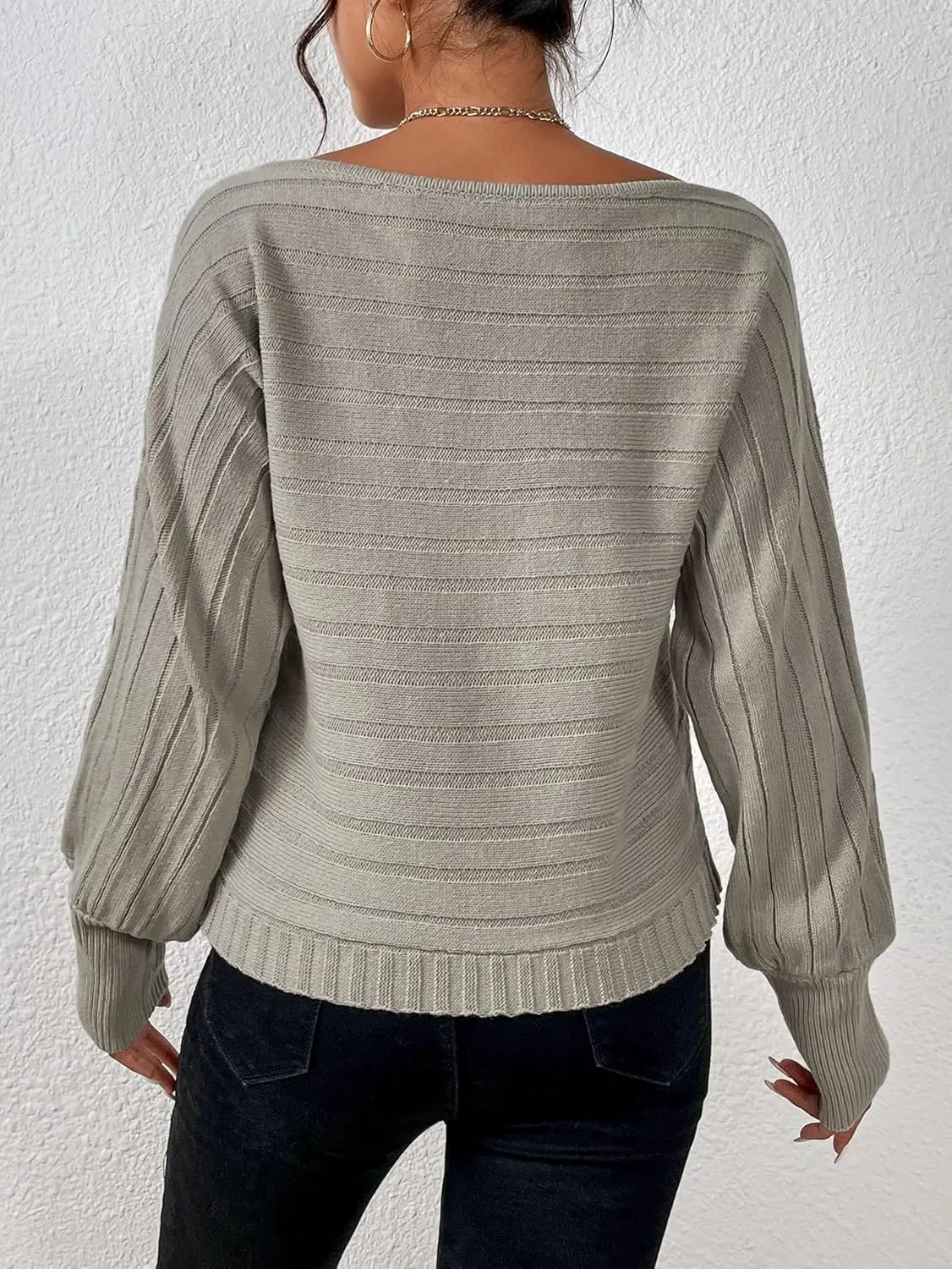 Women's Sweater Dolman Sleeve Boat Neck Cable Knit Sweater Sweater for Women (Color : Gray, Size : Medium)