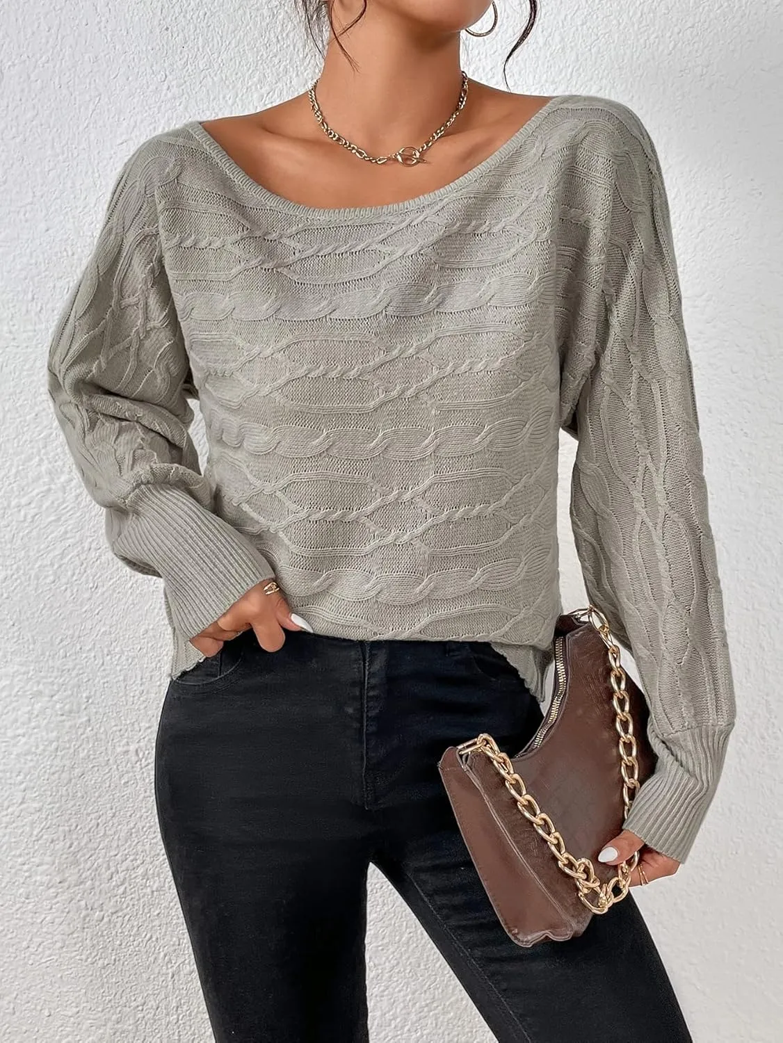 Women's Sweater Dolman Sleeve Boat Neck Cable Knit Sweater Sweater for Women (Color : Gray, Size : Medium)