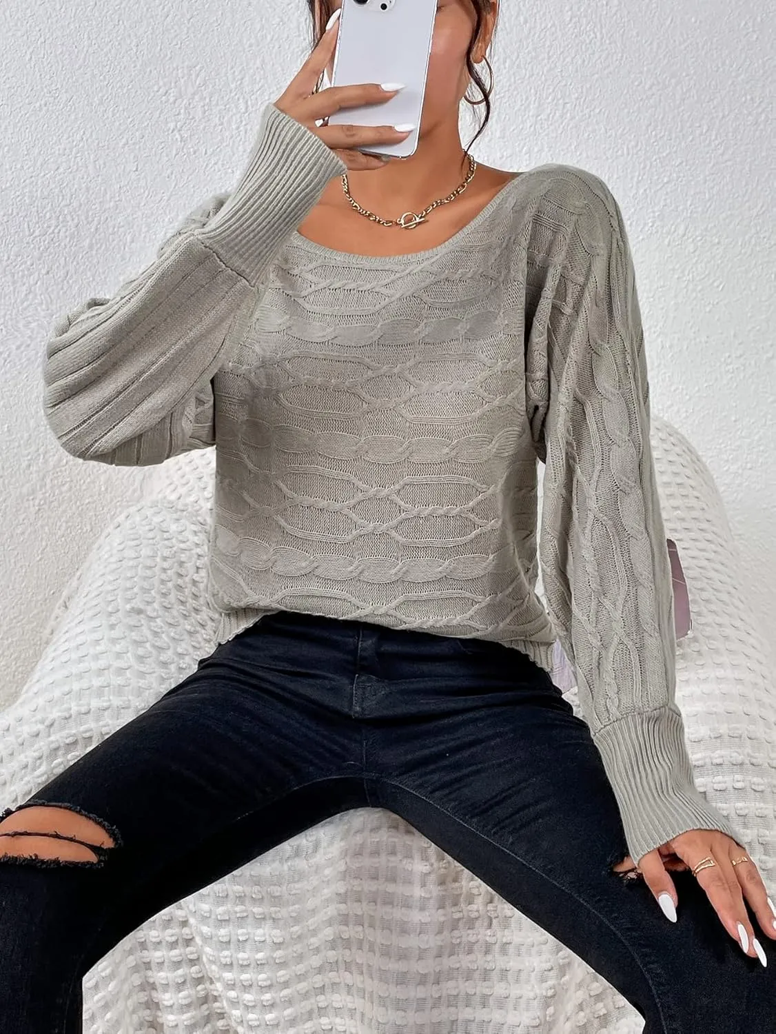 Women's Sweater Dolman Sleeve Boat Neck Cable Knit Sweater Sweater for Women (Color : Gray, Size : Medium)