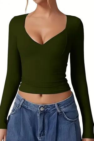 Womens T Shirts Sexy V Neck Long Sleeve Going Out 2025 Casual Workout Outfits Crop Tops Slim Fit Y2K Clothing