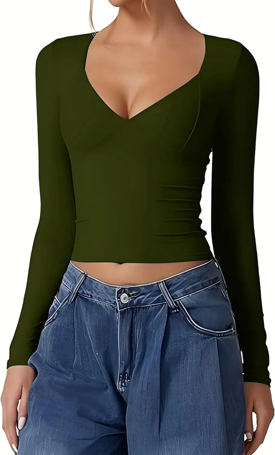 Womens T Shirts Sexy V Neck Long Sleeve Going Out 2025 Casual Workout Outfits Crop Tops Slim Fit Y2K Clothing