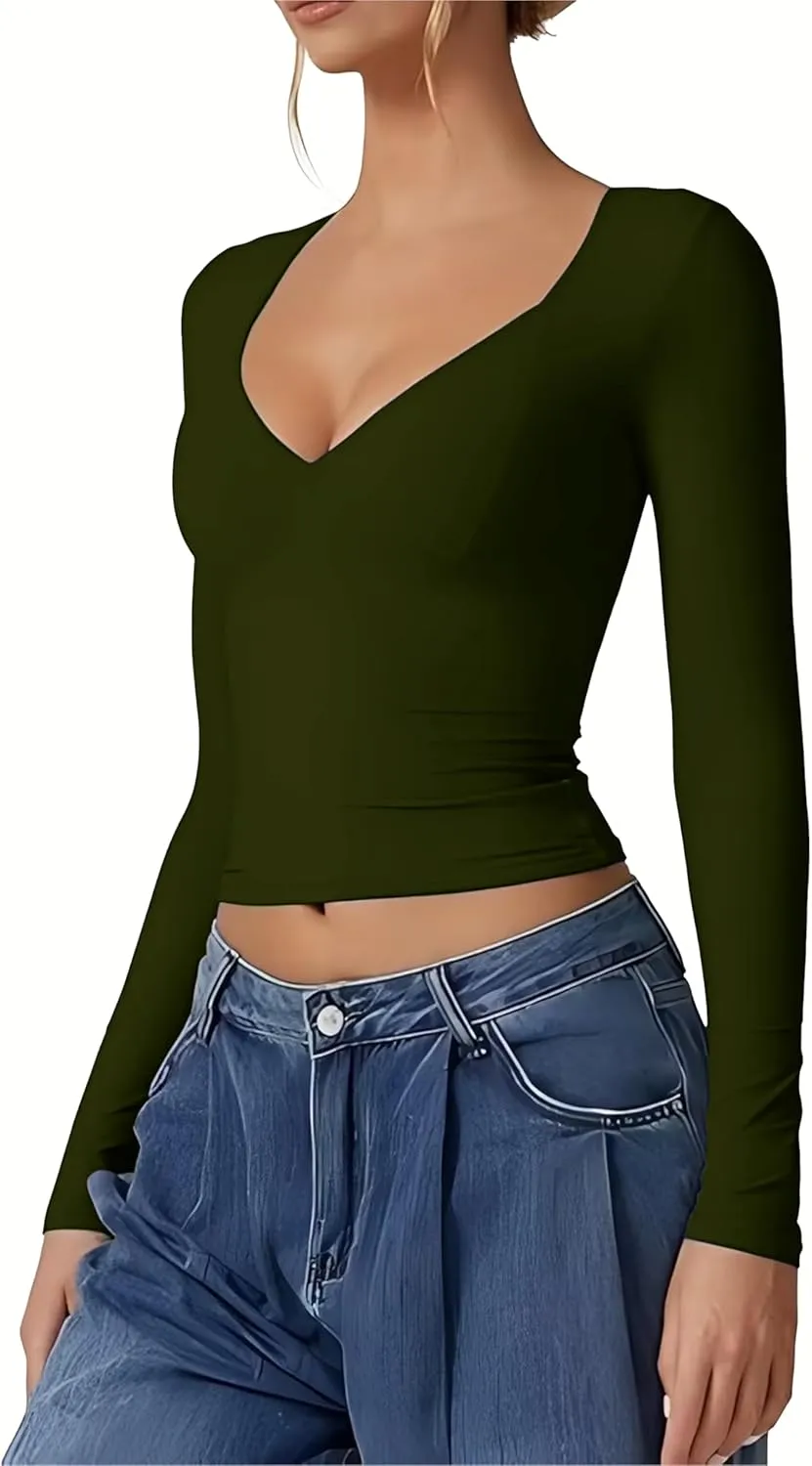 Womens T Shirts Sexy V Neck Long Sleeve Going Out 2025 Casual Workout Outfits Crop Tops Slim Fit Y2K Clothing