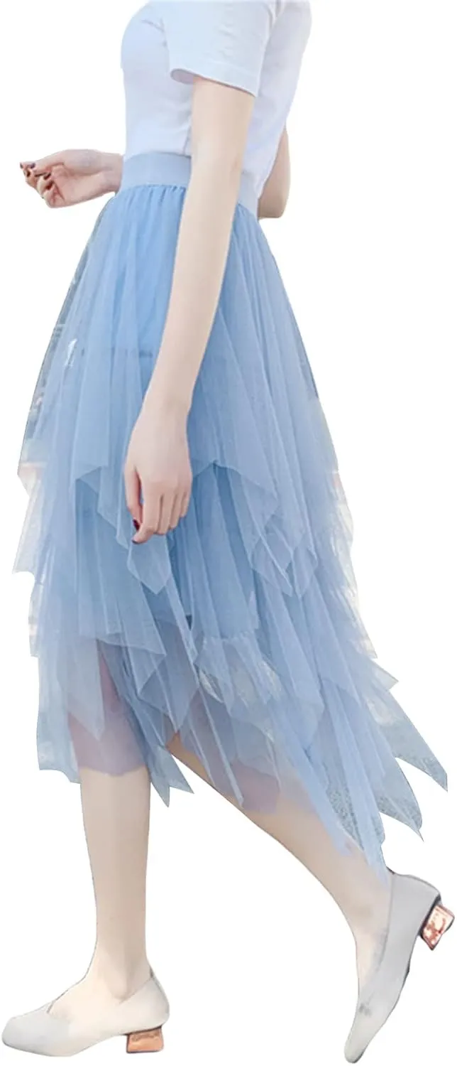 Women's Tulle Skirt Asymmetrical Pleated Elastic High Waist Layered Tutu Skirt Casual Cocktail Party A-Line Mesh Midi Skirt