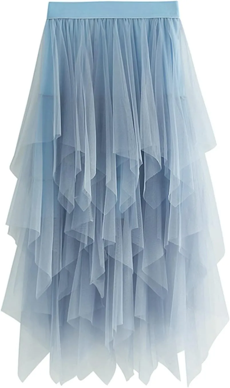 Women's Tulle Skirt Asymmetrical Pleated Elastic High Waist Layered Tutu Skirt Casual Cocktail Party A-Line Mesh Midi Skirt
