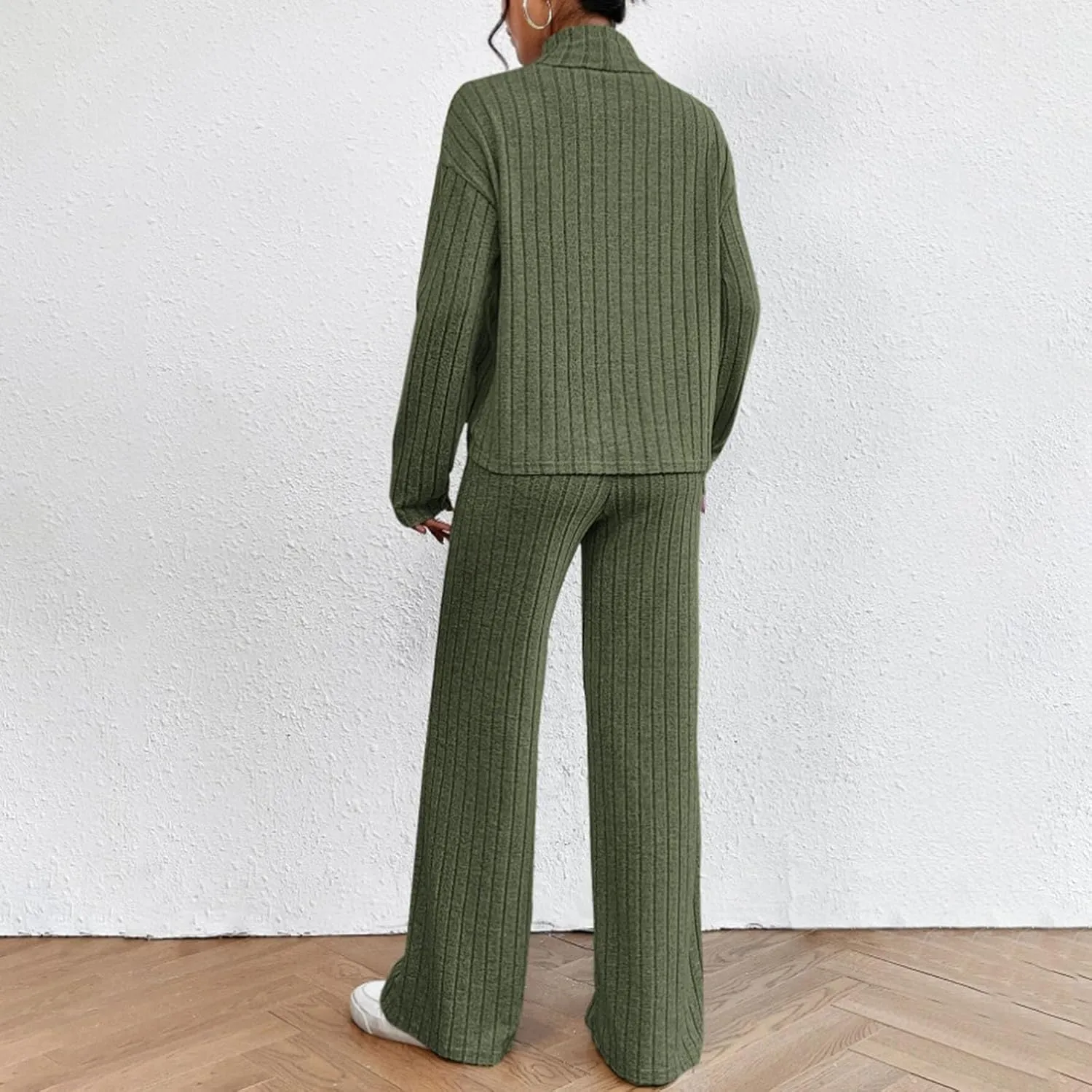 Womens Two Piece Sets V Neck Knit Sweater Sets Long Sleeve Pullover Tops and Wide Leg Pant Tracksuit Lounge Set