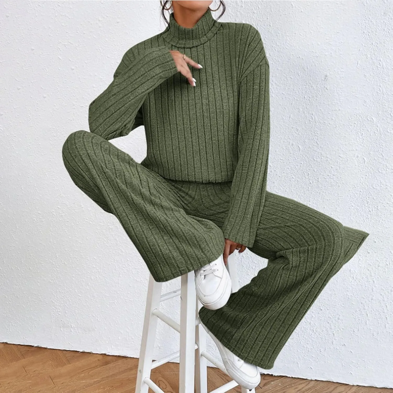 Womens Two Piece Sets V Neck Knit Sweater Sets Long Sleeve Pullover Tops and Wide Leg Pant Tracksuit Lounge Set