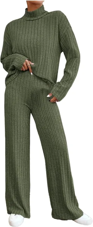 Womens Two Piece Sets V Neck Knit Sweater Sets Long Sleeve Pullover Tops and Wide Leg Pant Tracksuit Lounge Set