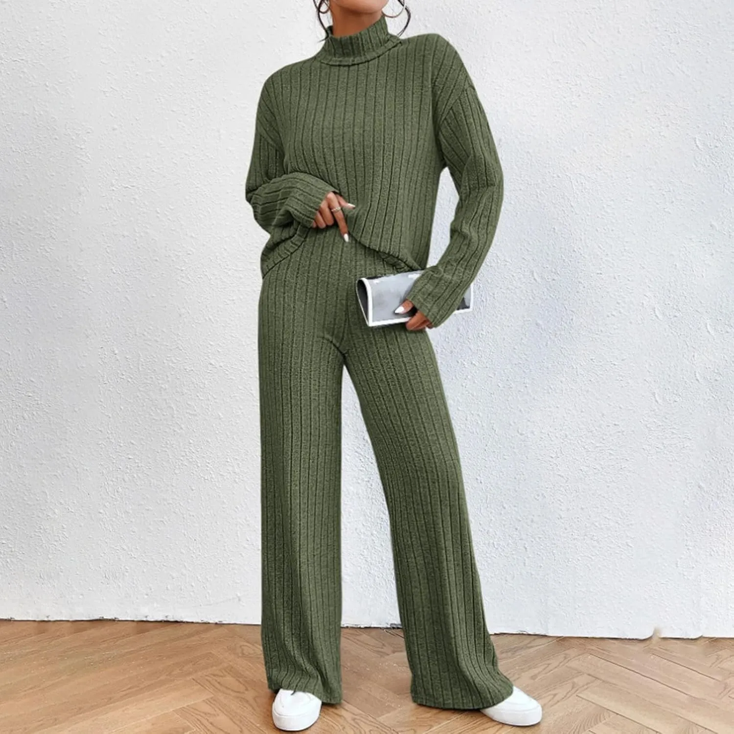 Womens Two Piece Sets V Neck Knit Sweater Sets Long Sleeve Pullover Tops and Wide Leg Pant Tracksuit Lounge Set