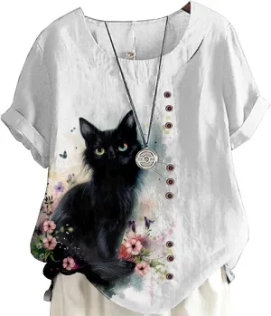 Women's Vintage Linen Tops Short Sleeve Boho Summer Graphic Tees Tunic Shirts Casual Fashion Button Blouses