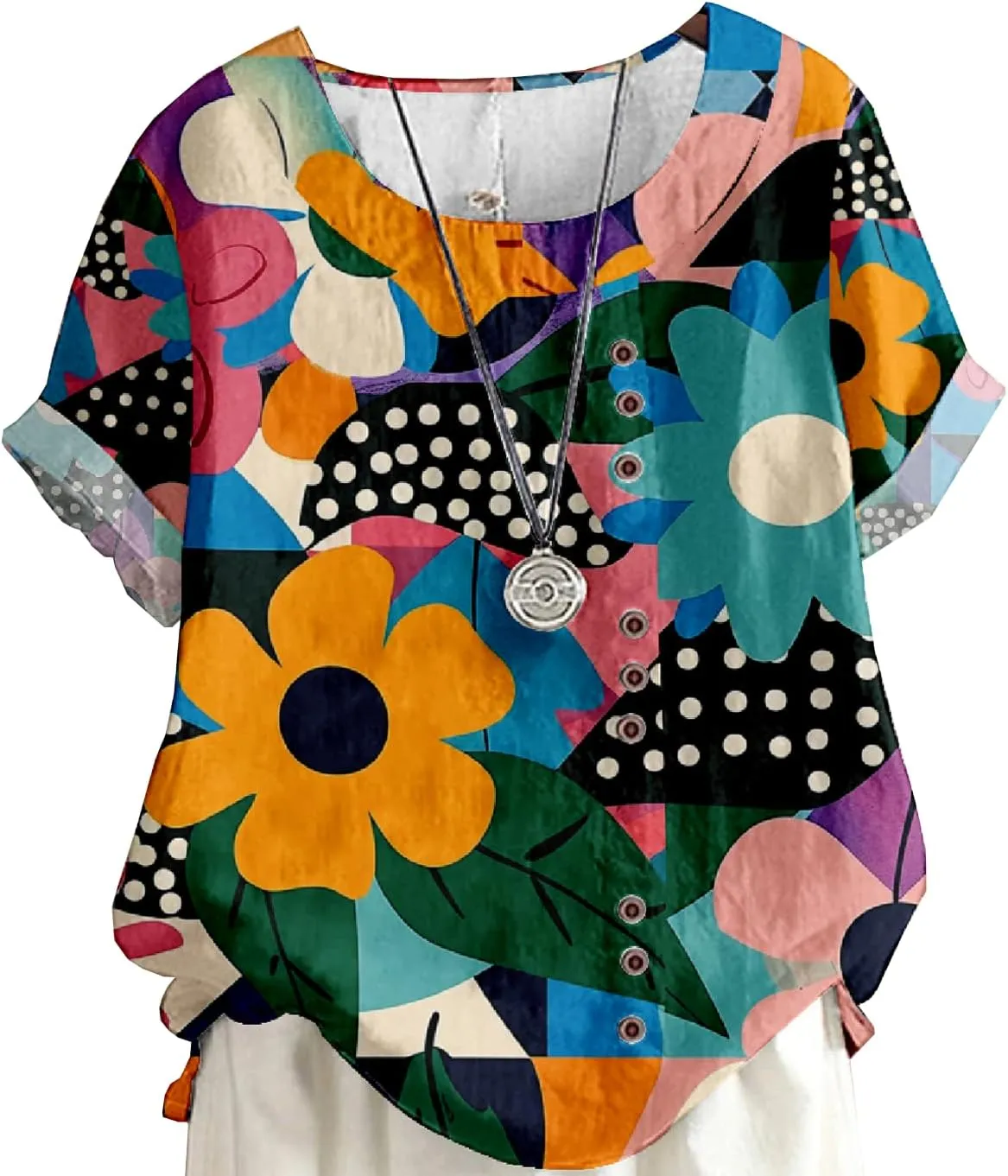 Women's Vintage Linen Tops Short Sleeve Boho Summer Graphic Tees Tunic Shirts Casual Fashion Button Blouses