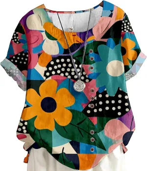 Women's Vintage Linen Tops Short Sleeve Boho Summer Graphic Tees Tunic Shirts Casual Fashion Button Blouses