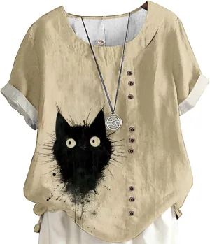 Women's Vintage Linen Tops Short Sleeve Boho Summer Graphic Tees Tunic Shirts Casual Fashion Button Blouses