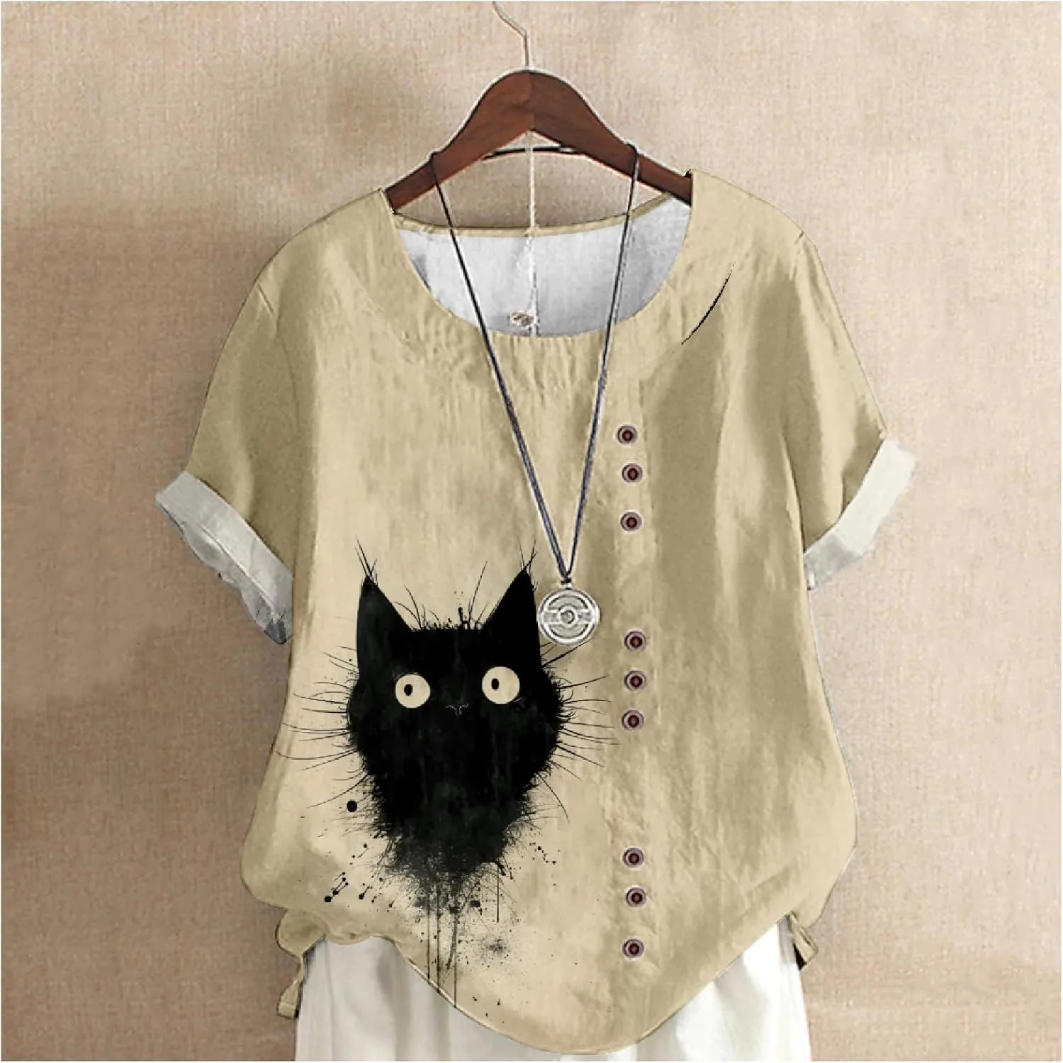 Women's Vintage Linen Tops Short Sleeve Boho Summer Graphic Tees Tunic Shirts Casual Fashion Button Blouses