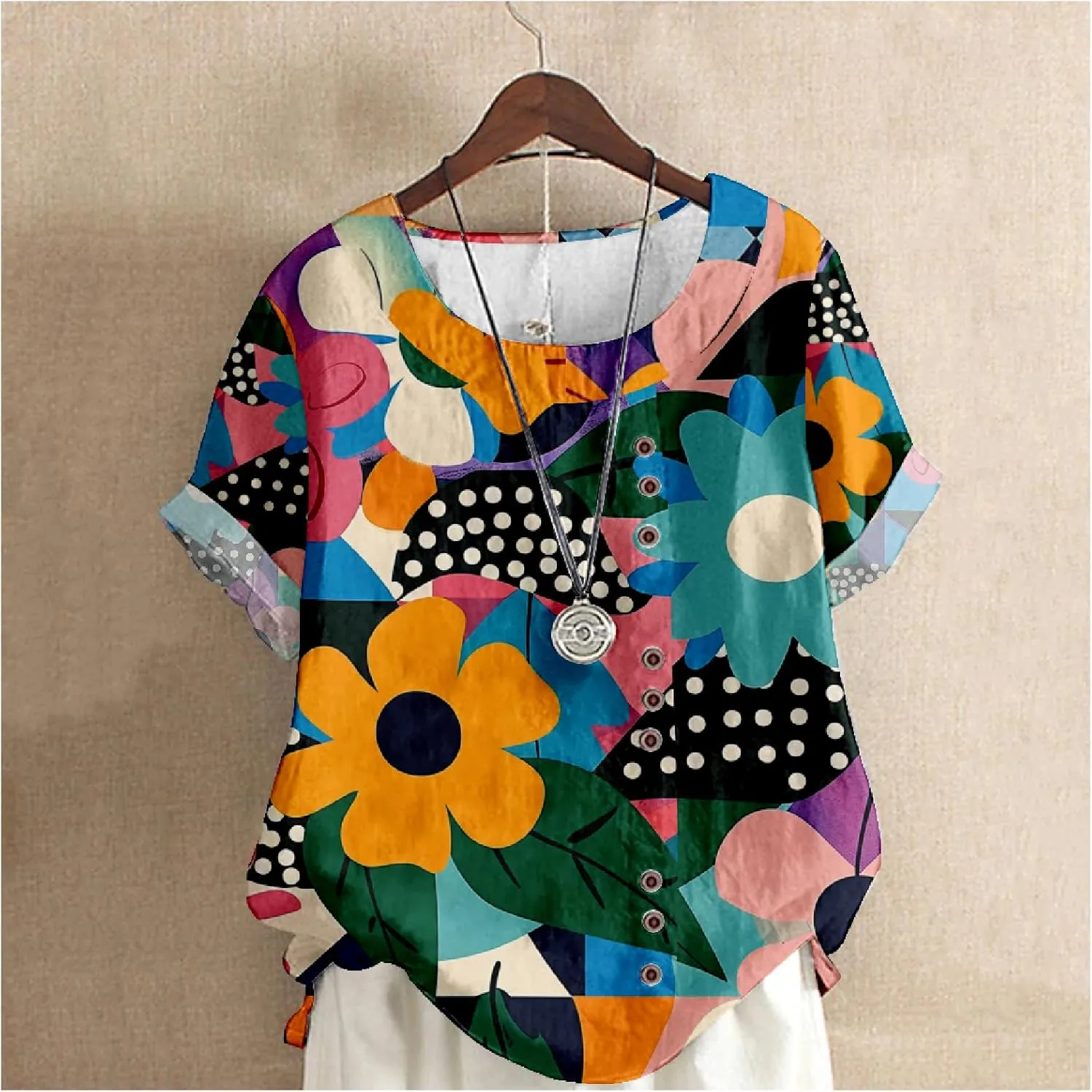 Women's Vintage Linen Tops Short Sleeve Boho Summer Graphic Tees Tunic Shirts Casual Fashion Button Blouses