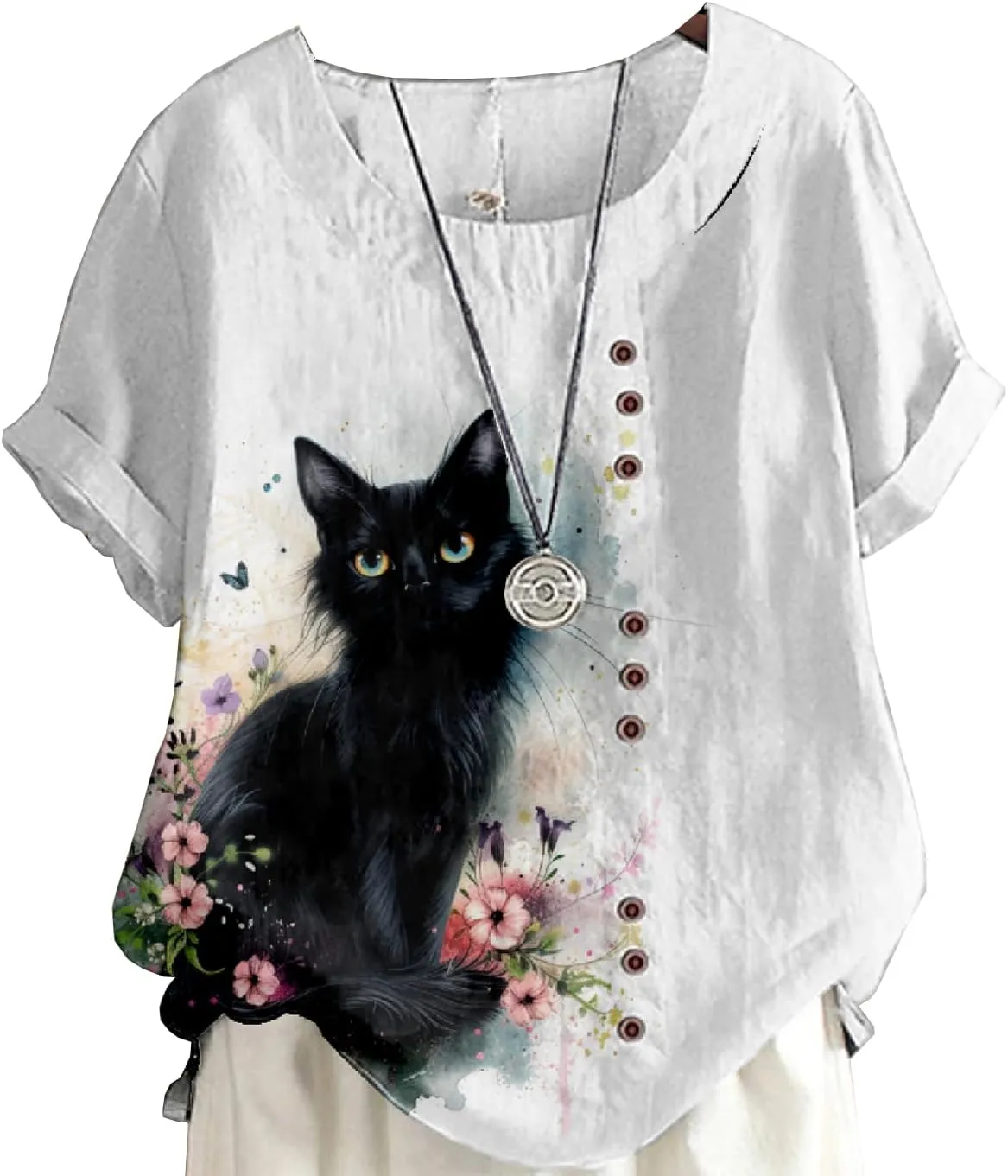 Women's Vintage Linen Tops Short Sleeve Boho Summer Graphic Tees Tunic Shirts Casual Fashion Button Blouses