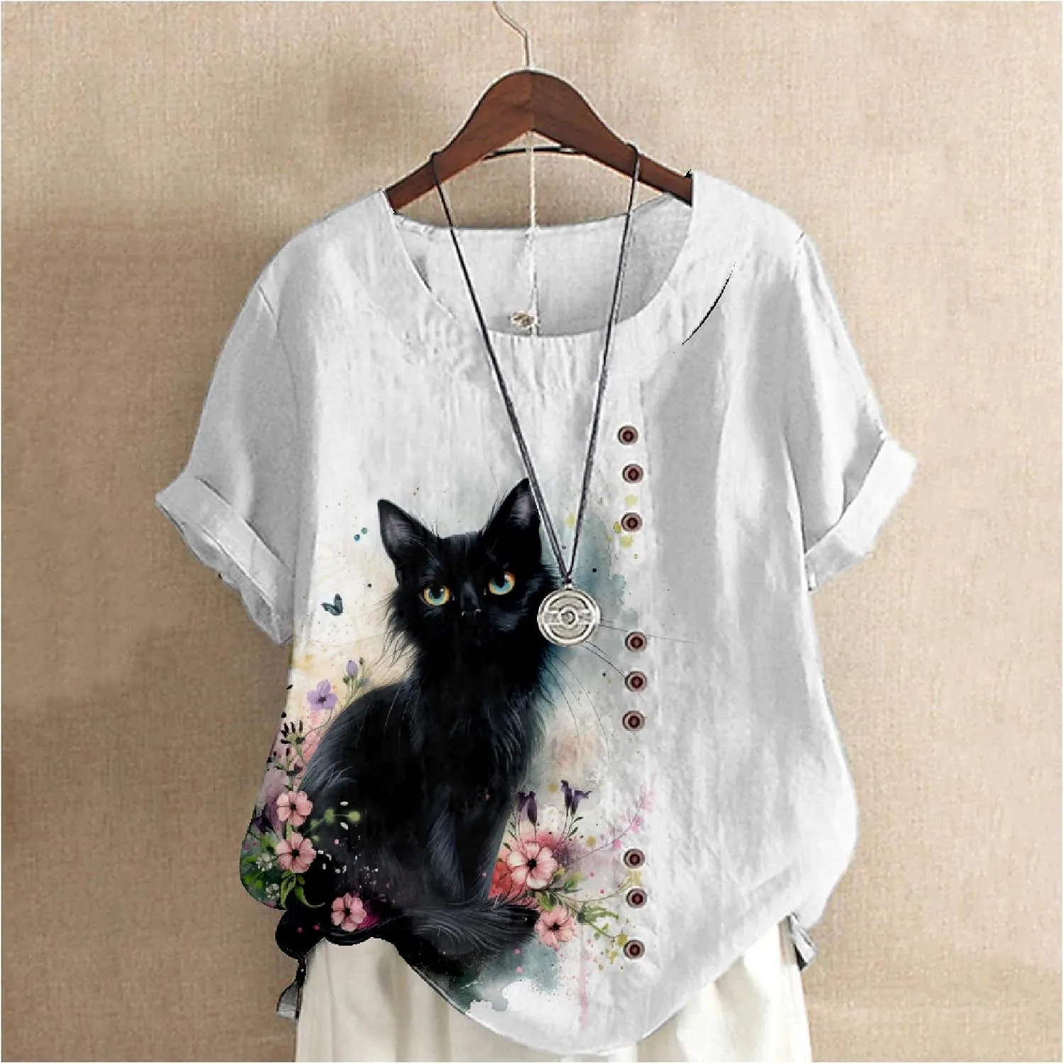 Women's Vintage Linen Tops Short Sleeve Boho Summer Graphic Tees Tunic Shirts Casual Fashion Button Blouses