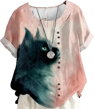 Women's Vintage Linen Tops Short Sleeve Boho Summer Graphic Tees Tunic T Shirts Casual Button Down Blouses