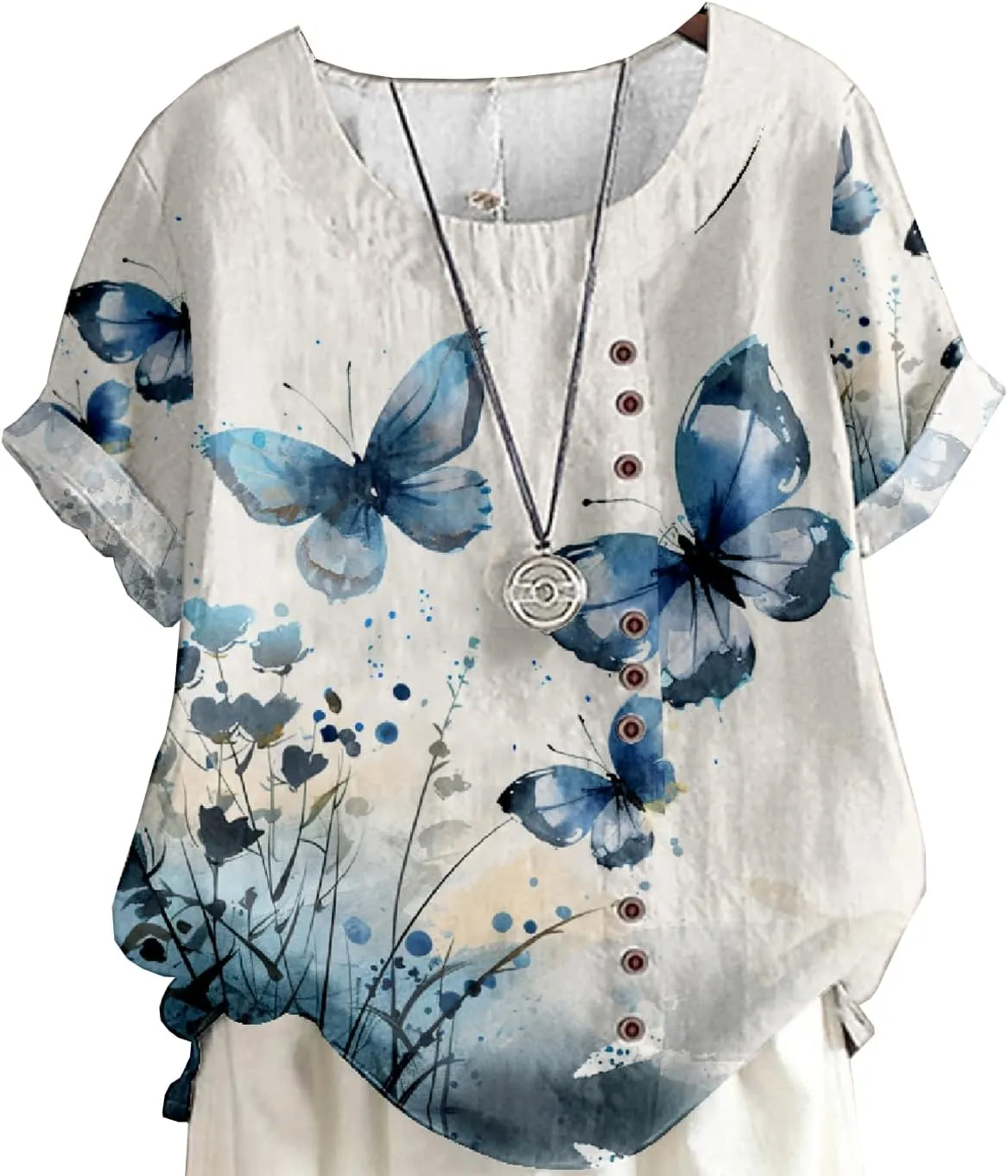 Women's Vintage Linen Tops Short Sleeve Boho Summer Graphic Tees Tunic T Shirts Casual Button Down Blouses