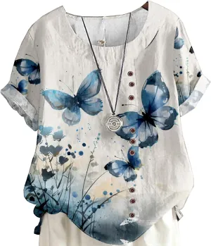 Women's Vintage Linen Tops Short Sleeve Boho Summer Graphic Tees Tunic T Shirts Casual Button Down Blouses