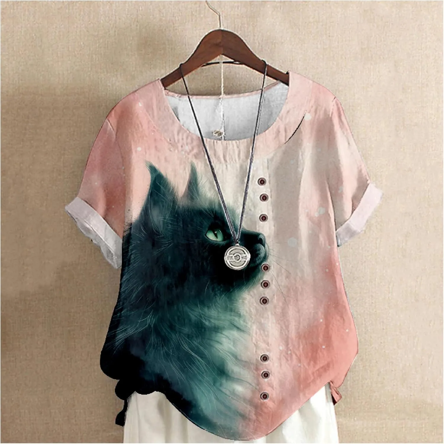 Women's Vintage Linen Tops Short Sleeve Boho Summer Graphic Tees Tunic T Shirts Casual Button Down Blouses