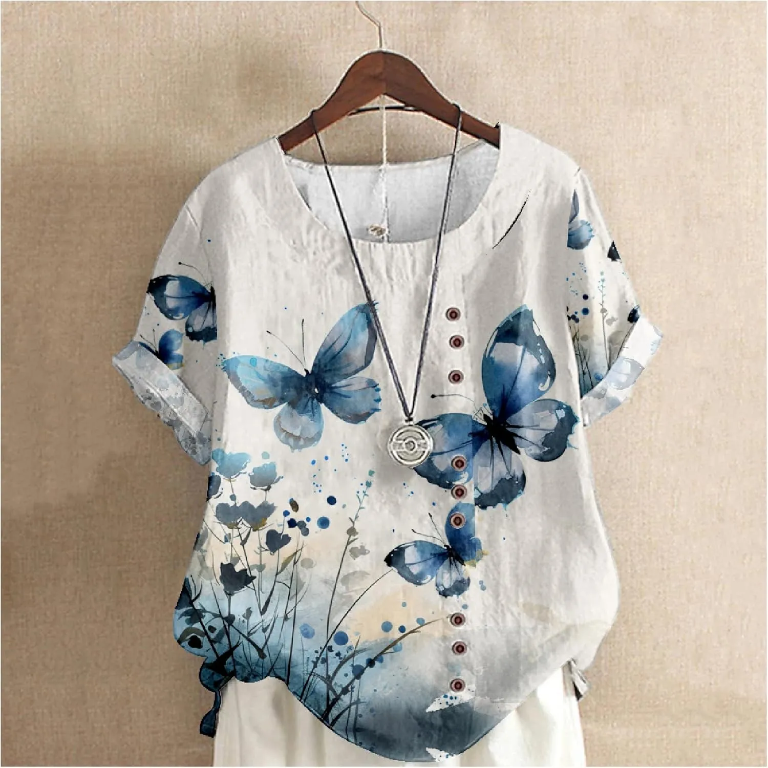 Women's Vintage Linen Tops Short Sleeve Boho Summer Graphic Tees Tunic T Shirts Casual Button Down Blouses