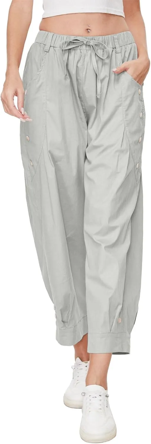 Women's Wide Leg Capri Pants Drawstring Elastic Waist Casual Pants Loose Fit Cinch Bottom Cropped Trousers with Pockets
