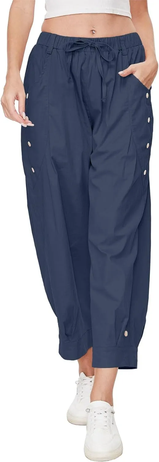 Women's Wide Leg Capri Pants Drawstring Elastic Waist Casual Pants Loose Fit Cinch Bottom Cropped Trousers with Pockets