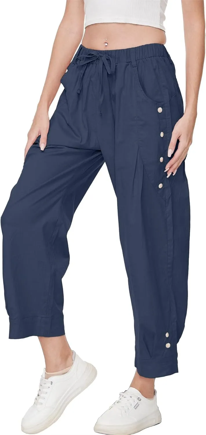 Women's Wide Leg Capri Pants Drawstring Elastic Waist Casual Pants Loose Fit Cinch Bottom Cropped Trousers with Pockets