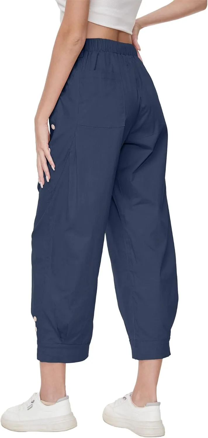 Women's Wide Leg Capri Pants Drawstring Elastic Waist Casual Pants Loose Fit Cinch Bottom Cropped Trousers with Pockets