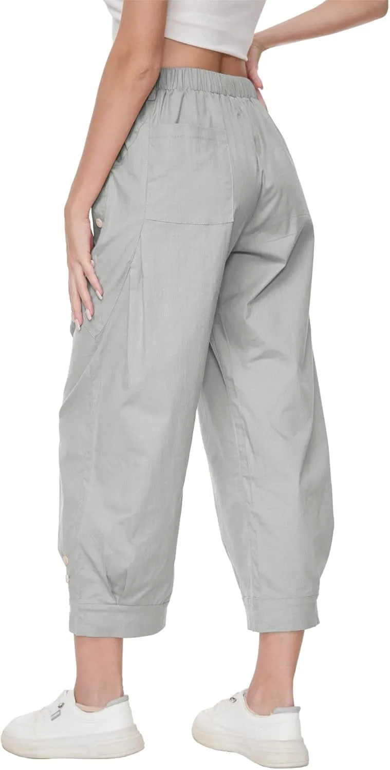 Women's Wide Leg Capri Pants Drawstring Elastic Waist Casual Pants Loose Fit Cinch Bottom Cropped Trousers with Pockets