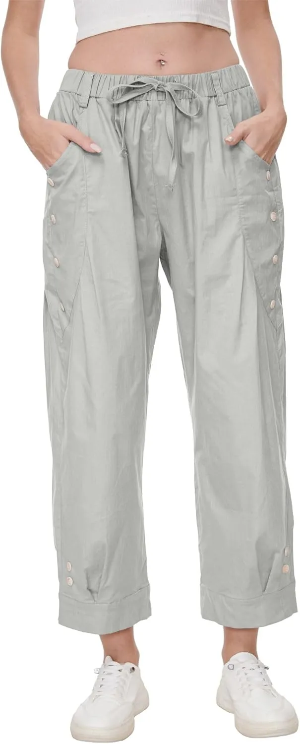 Women's Wide Leg Capri Pants Drawstring Elastic Waist Casual Pants Loose Fit Cinch Bottom Cropped Trousers with Pockets