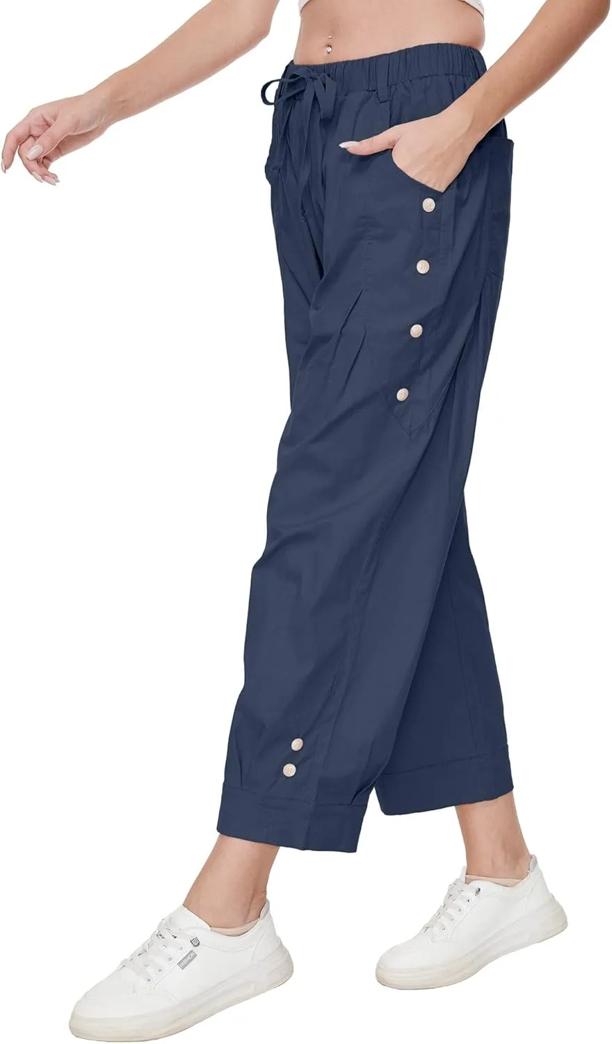 Women's Wide Leg Capri Pants Drawstring Elastic Waist Casual Pants Loose Fit Cinch Bottom Cropped Trousers with Pockets
