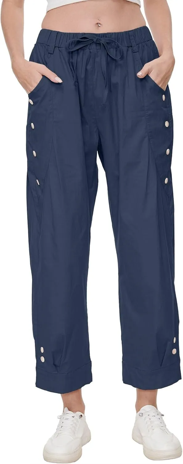 Women's Wide Leg Capri Pants Drawstring Elastic Waist Casual Pants Loose Fit Cinch Bottom Cropped Trousers with Pockets