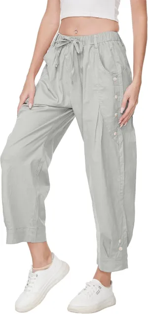 Women's Wide Leg Capri Pants Drawstring Elastic Waist Casual Pants Loose Fit Cinch Bottom Cropped Trousers with Pockets