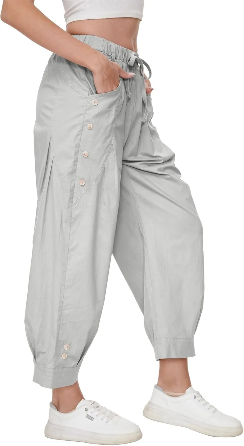 Women's Wide Leg Capri Pants Drawstring Elastic Waist Casual Pants Loose Fit Cinch Bottom Cropped Trousers with Pockets