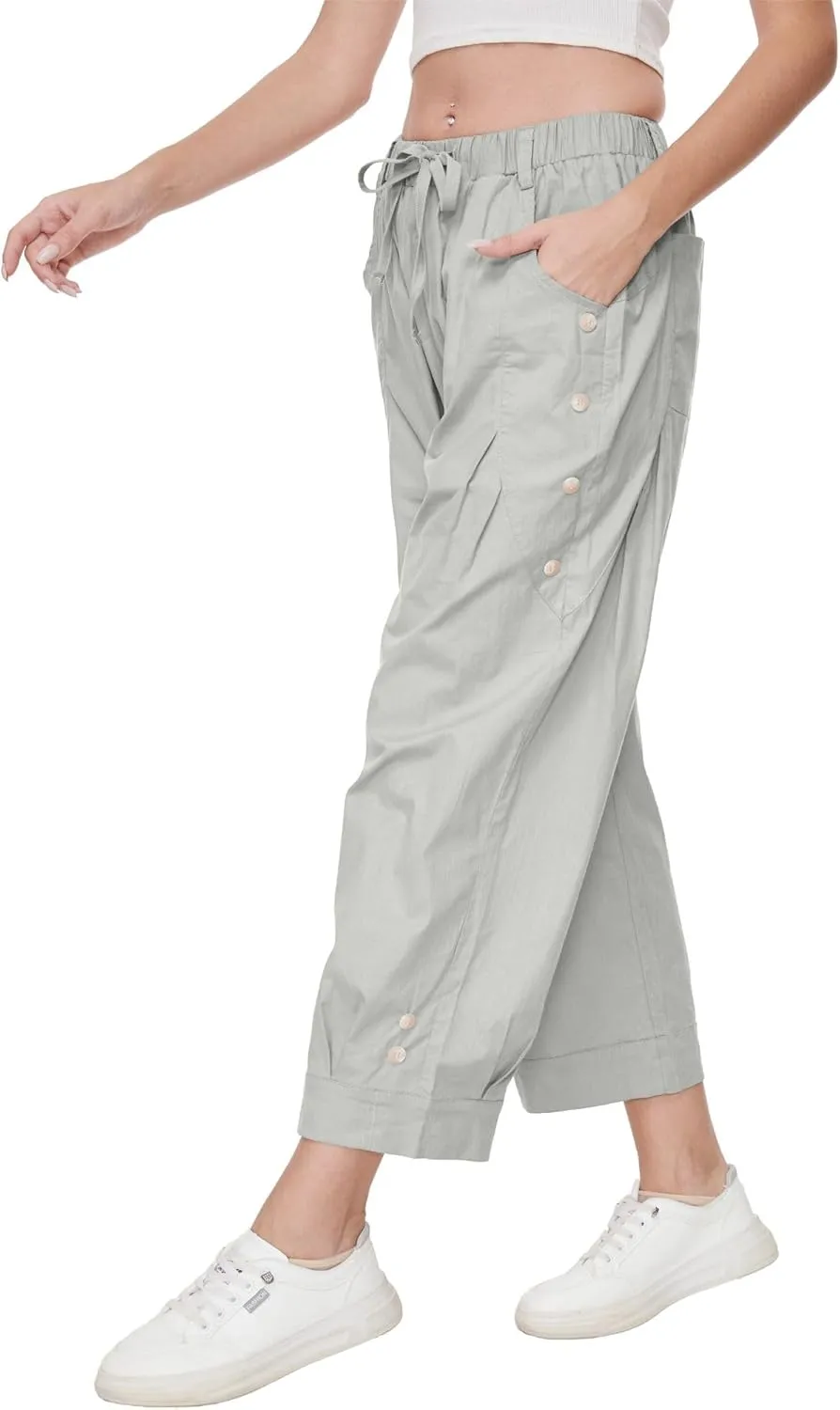 Women's Wide Leg Capri Pants Drawstring Elastic Waist Casual Pants Loose Fit Cinch Bottom Cropped Trousers with Pockets