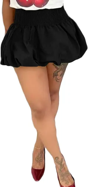 Women's Y2k Bubble Mini Skirt Elastic High Waisted Puffy Ruffle Balloon Hem Short Skirts Going Out Date Party
