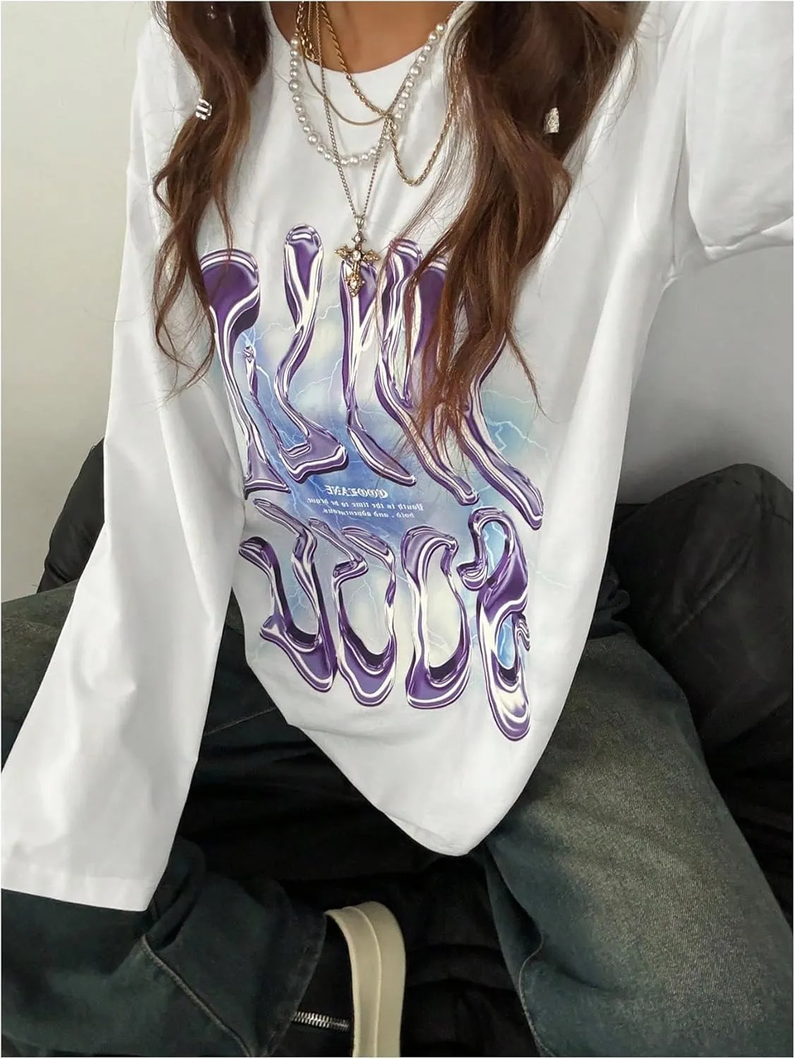Women's Y2k Letter Graphic T Shirt Long Sleeve Crew Neck Oversized Streetwear Tops