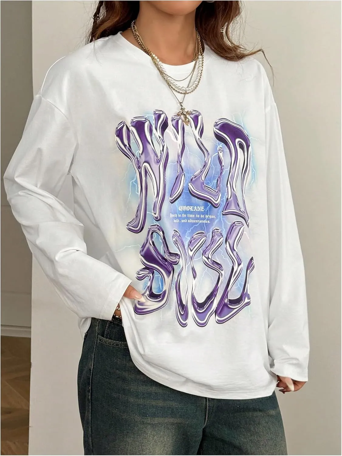 Women's Y2k Letter Graphic T Shirt Long Sleeve Crew Neck Oversized Streetwear Tops