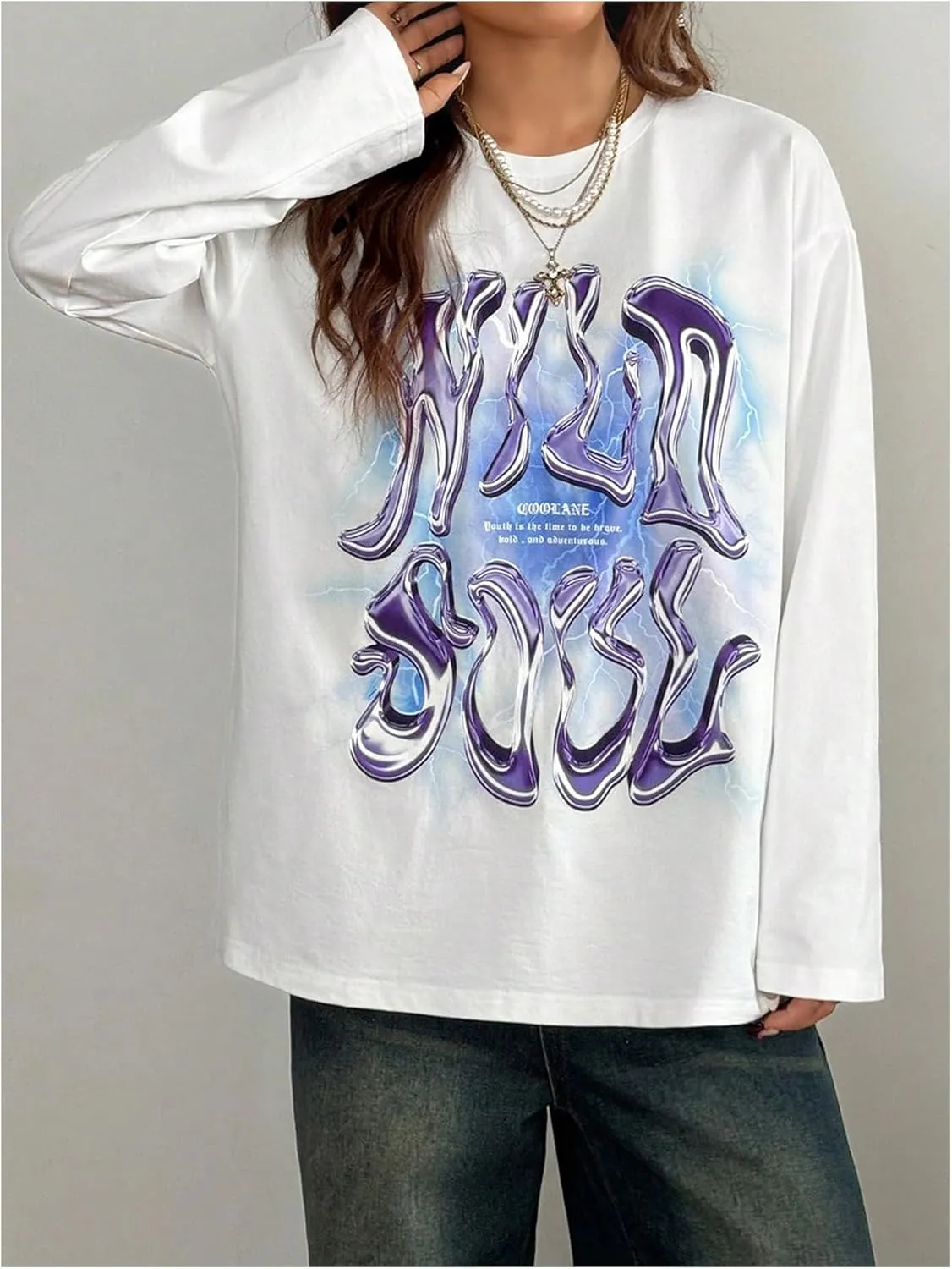 Women's Y2k Letter Graphic T Shirt Long Sleeve Crew Neck Oversized Streetwear Tops