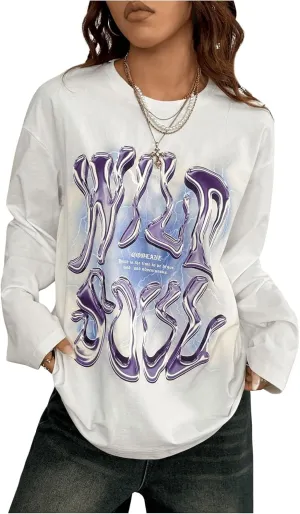 Women's Y2k Letter Graphic T Shirt Long Sleeve Crew Neck Oversized Streetwear Tops