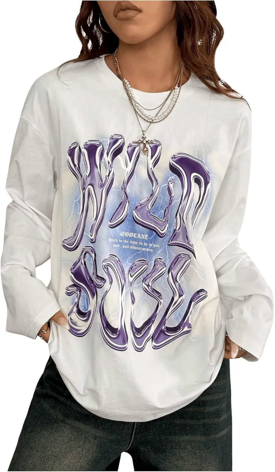 Women's Y2k Letter Graphic T Shirt Long Sleeve Crew Neck Oversized Streetwear Tops