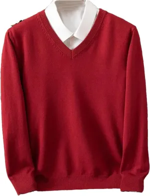 Wool Sweater Men's V-Neck Pullover Tops Autumn Winter Solid Color Versatile Basic Sweater.