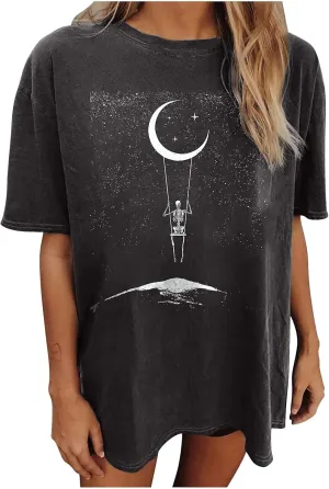 Y2K Moon Skull Skeleton Oversized T Shirt Halloween Funny Graphic Vintage Tees for Women Casua Loose Tops…