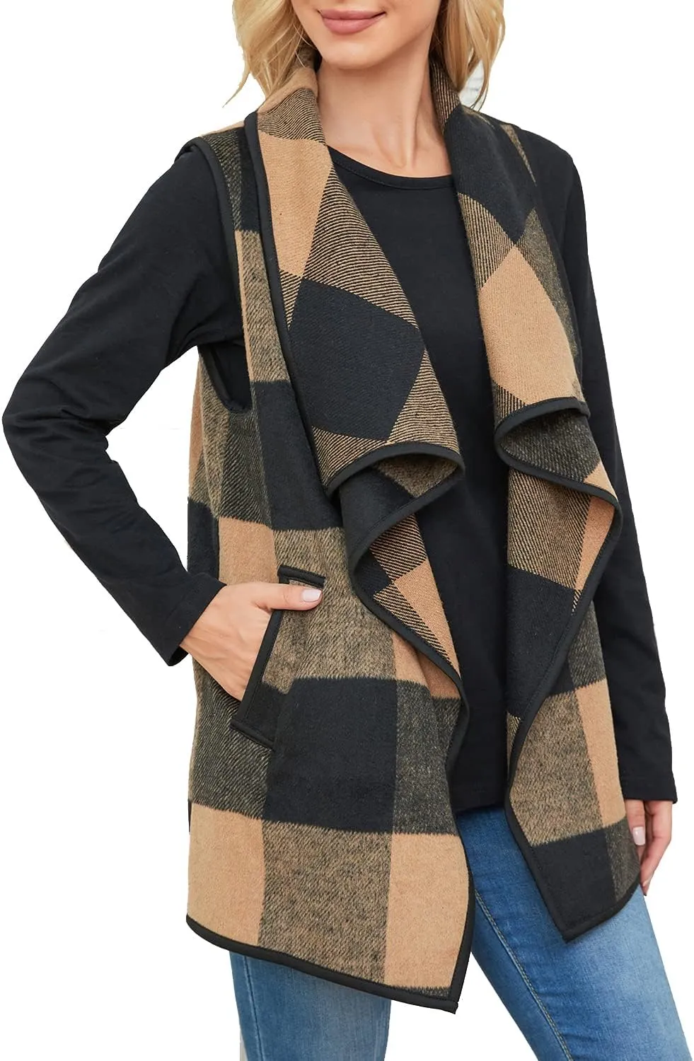 YACUN Women Plaid Vest Lapel Open Front Sleeveless Jacket Outerwear Cardigan with Pockets
